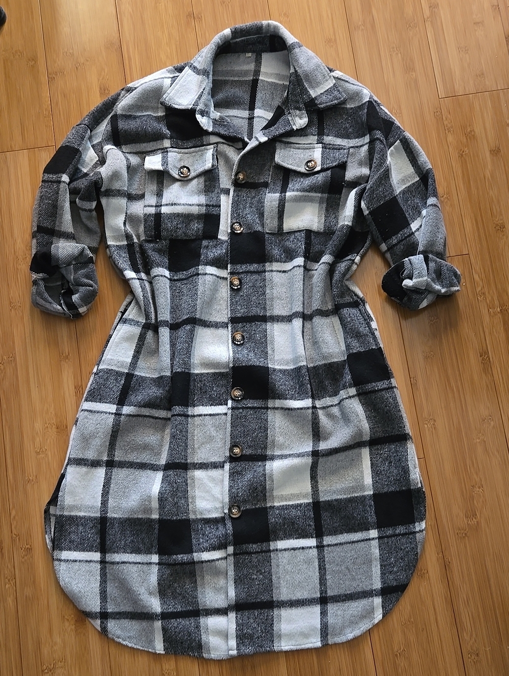 Black,White Gray Plaid Button-Up Shirt Dress - S